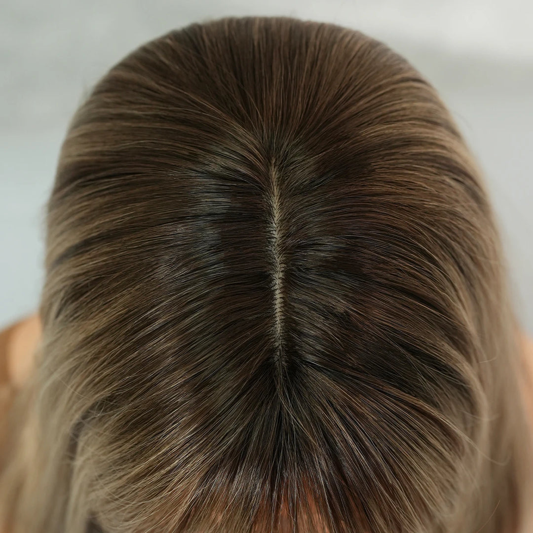 16" Ombre Brown Shoulder Length Straight Synthetic Heat Resistant Wig for Women with Natural Hairline. Matte finish.