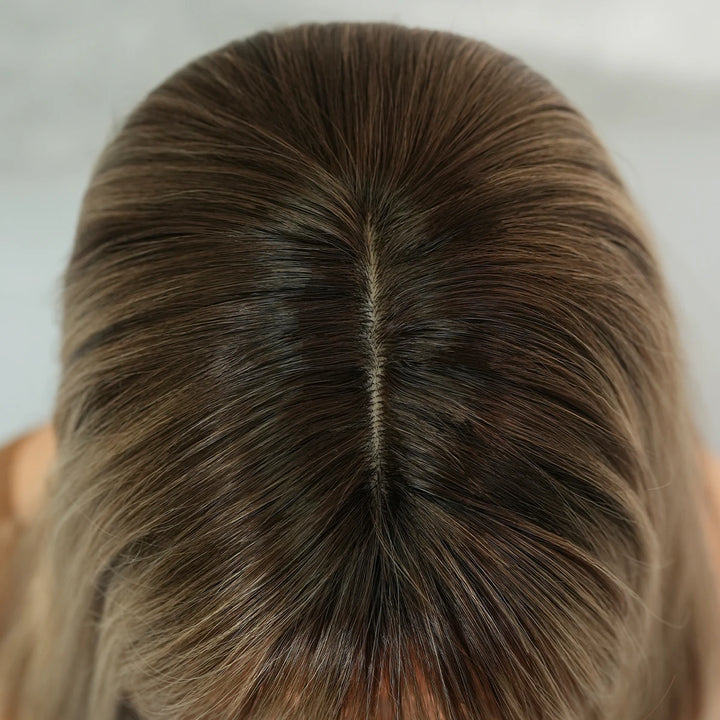 16" Ombre Brown Shoulder Length Straight Synthetic Heat Resistant Wig for Women with Natural Hairline. Matte finish.