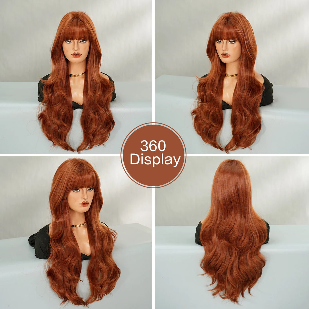 30 Inch Copper Orange Long Curly Synthetic Wig with Bangs for Women - Heat Resistant, Natural Hairline, Matte Finish - Perfect for Cosplay