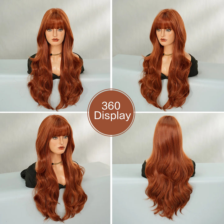 30 Inch Copper Orange Long Curly Synthetic Wig with Bangs for Women - Heat Resistant, Natural Hairline, Matte Finish - Perfect for Cosplay