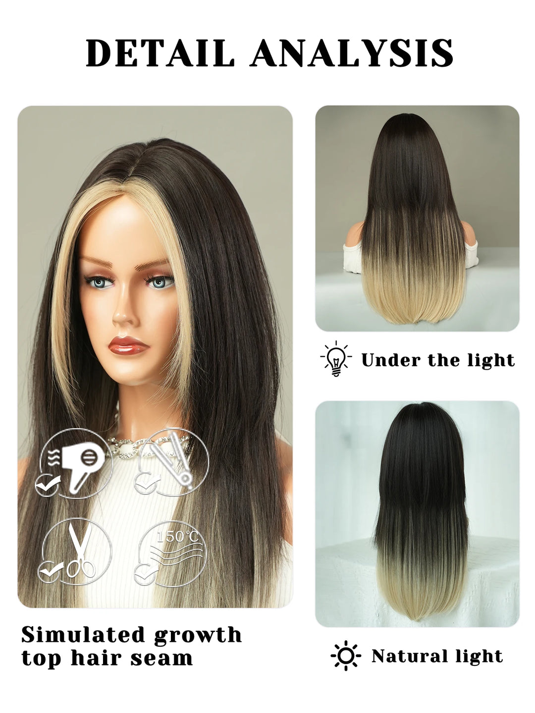 Synthetic hair wig with long straight hair, bangs, middle part, and highlight gray color. Perfect for women, cosplay, and drag queens.