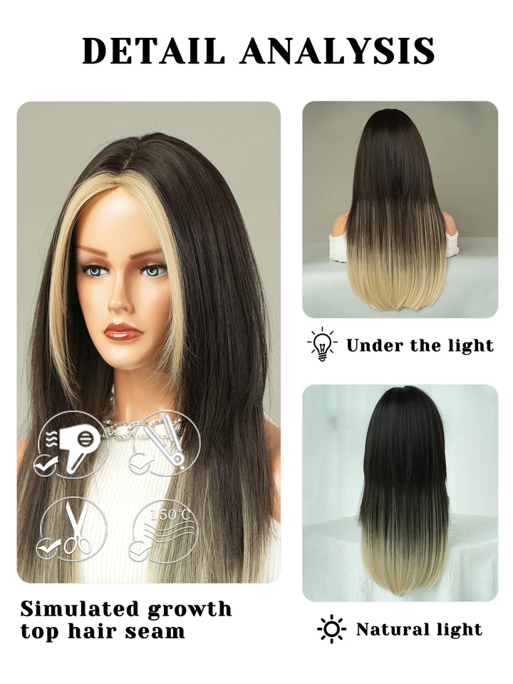 Synthetic hair wig with long straight hair, bangs, middle part, and highlight gray color. Perfect for women, cosplay, and drag queens.