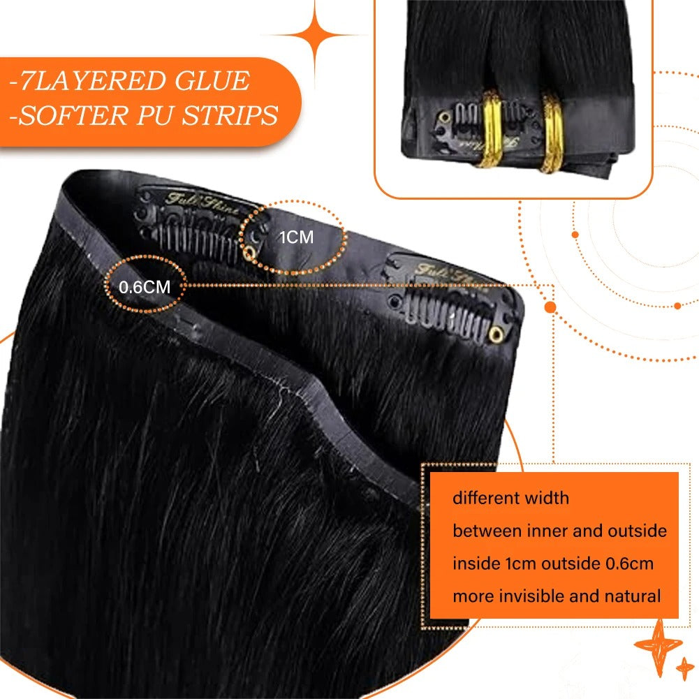 Hair extensions with detailed features and specifications on a white background