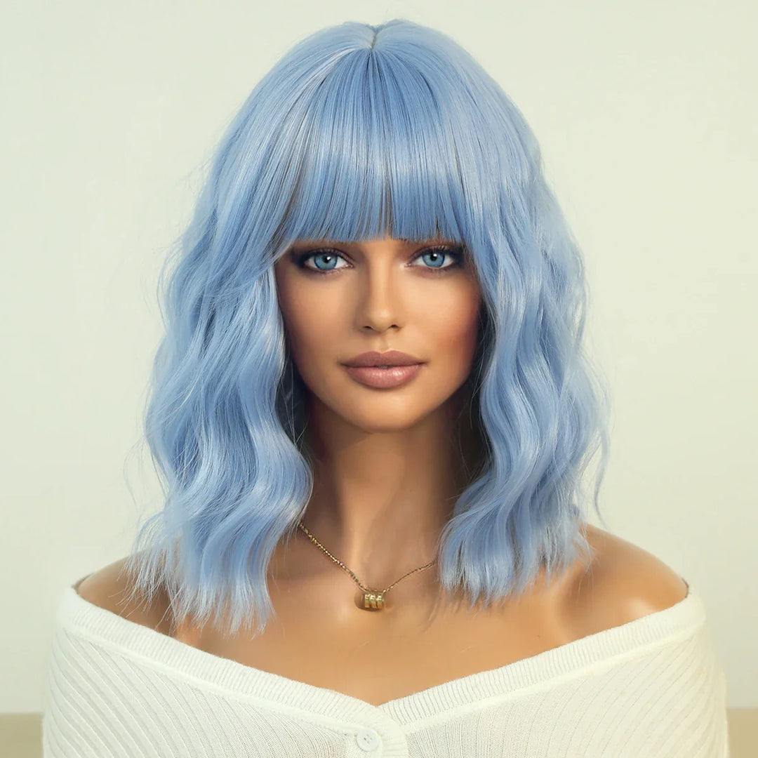 Blue curly bob wig with bangs for women, perfect for Halloween or cosplay parties.