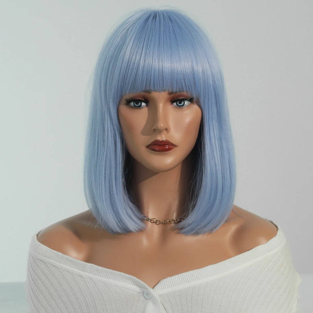 Light Blue Bob Wig with Bangs, Shoulder Length Synthetic Wig for Cosplay Party