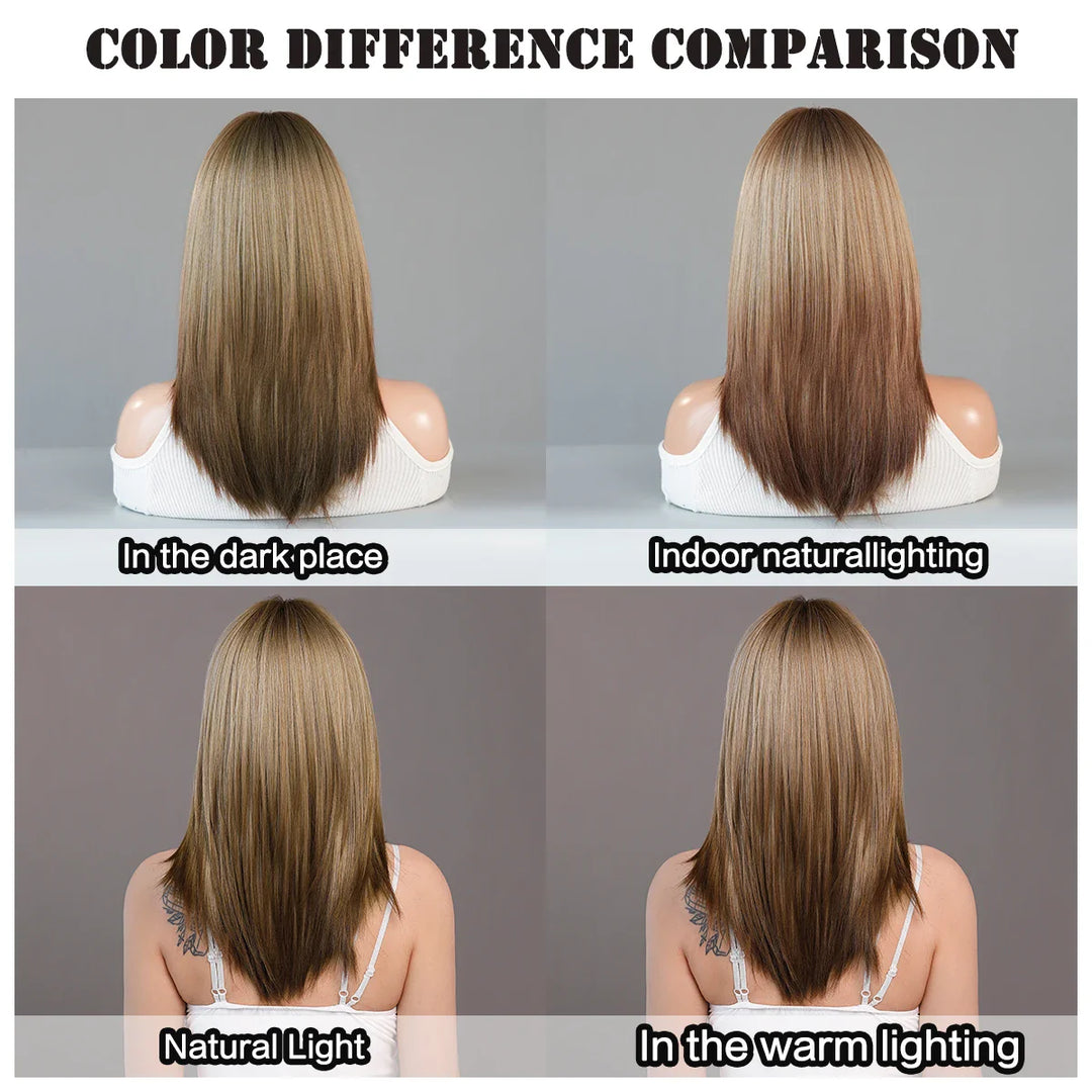 Ombre Blonde Wigs for Women Medium Length Straight Layered Synthetic Wigs With Bangs