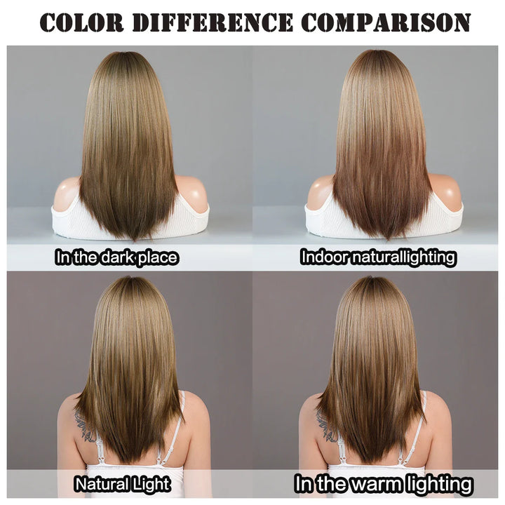 Ombre Blonde Wigs for Women Medium Length Straight Layered Synthetic Wigs With Bangs