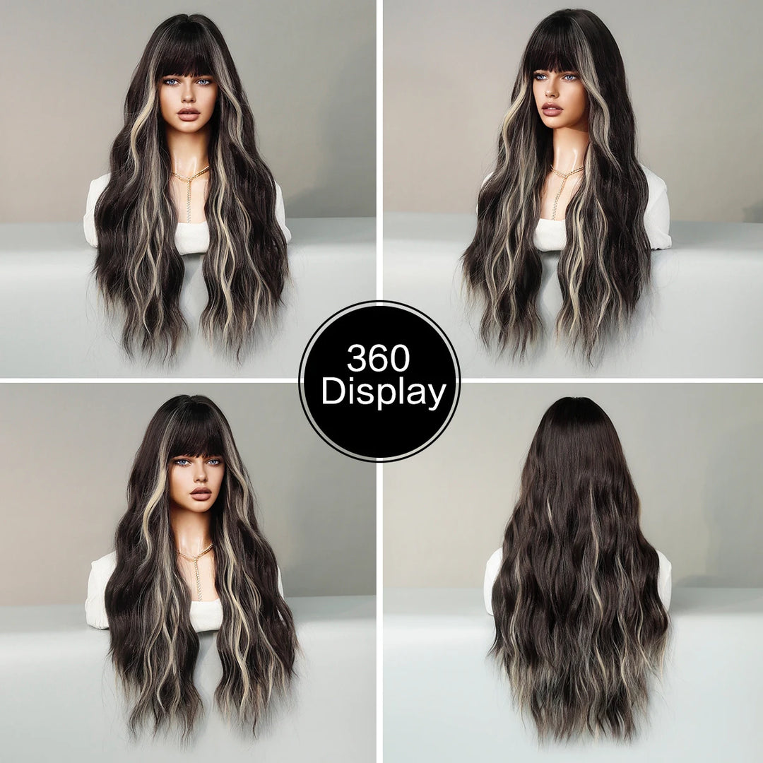 Brown wig with bangs, long wavy style with mixed blonde highlights. Made from natural curly synthetic fiber, resistant to heat. Perfect for daily use by women.