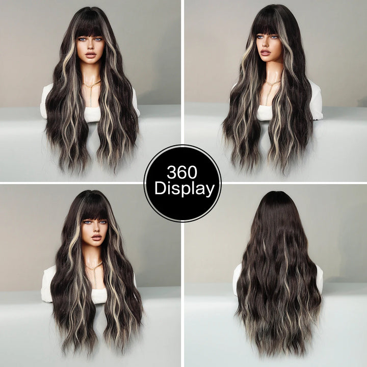 Brown wig with bangs, long wavy style with mixed blonde highlights. Made from natural curly synthetic fiber, resistant to heat. Perfect for daily use by women.