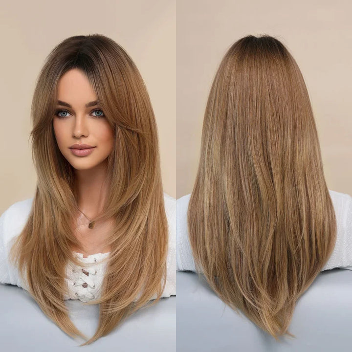 Long black wig with bangs for women. Made of heat-resistant synthetic hair. Perfect for daily wear.