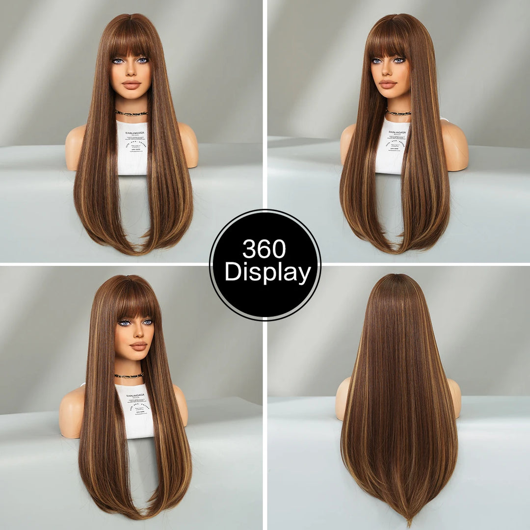 Long Straight Honey Blonde High-Quality Synthetic Hair with Bangs for Women. Heat-Resistant Fiber, Hot Selling 28 Inch.