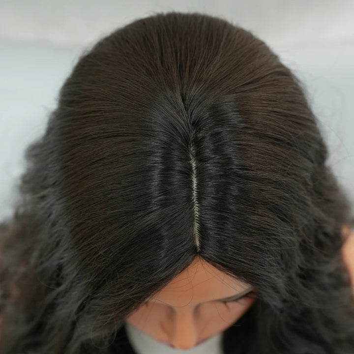 30 Inch Natural Black Long Curls Synthetic Heat Resistant Wig for Women with Middle Part Water Waves Hair. Features a Slit Matte Hair Wigs Peluca.