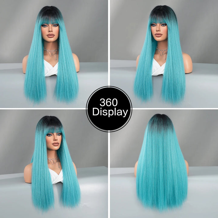 Turquoise Ombre Synthetic Wig with Bangs - Heat Resistant, Bluish Green with Black Roots for a Natural Look.