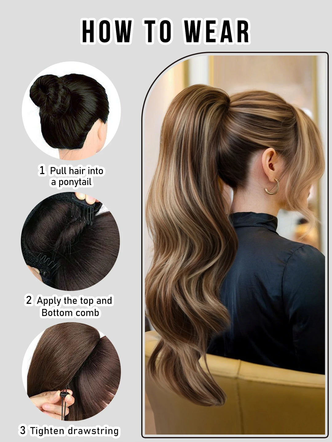 Madeline Brown 28-Inch Curly Synthetic Hair Wig with Steel Prongs Gold Adjustable Size Ponytail Black with Gold Adjustable Size