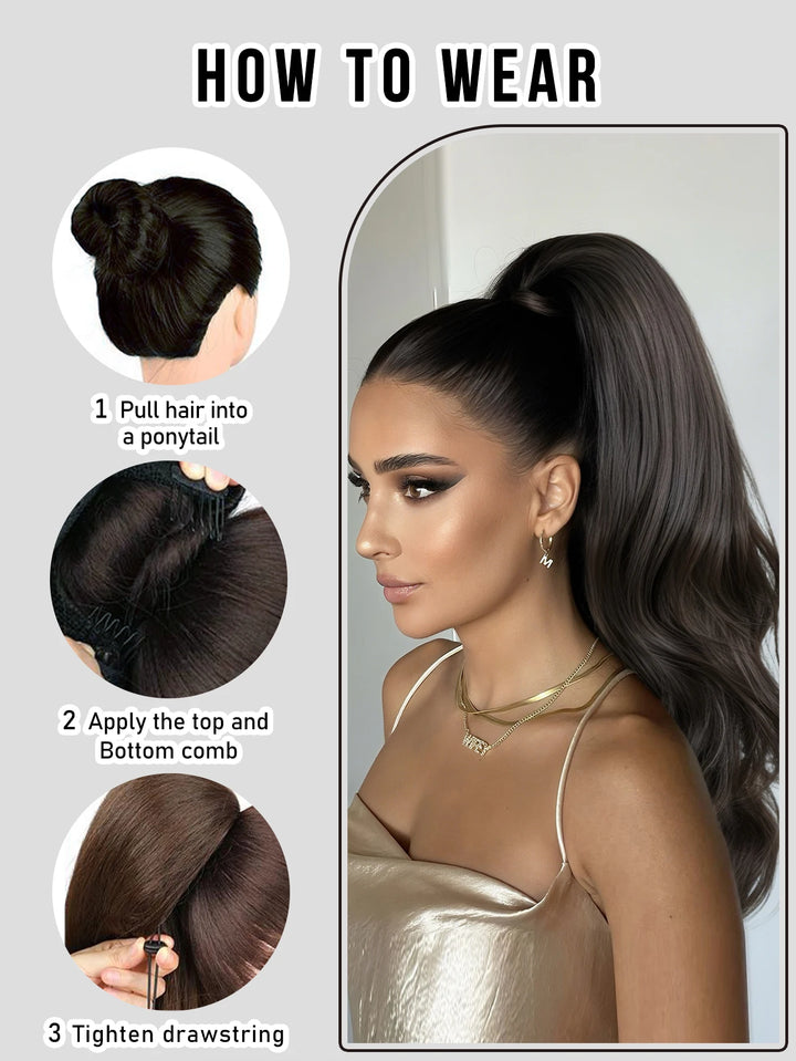 Van Dyke Brown Hair Extensions 28 Inch Clip-In Wig Adjustable Size Curly Ponytail Synthetic Hair Pack Black with Steel Prongs