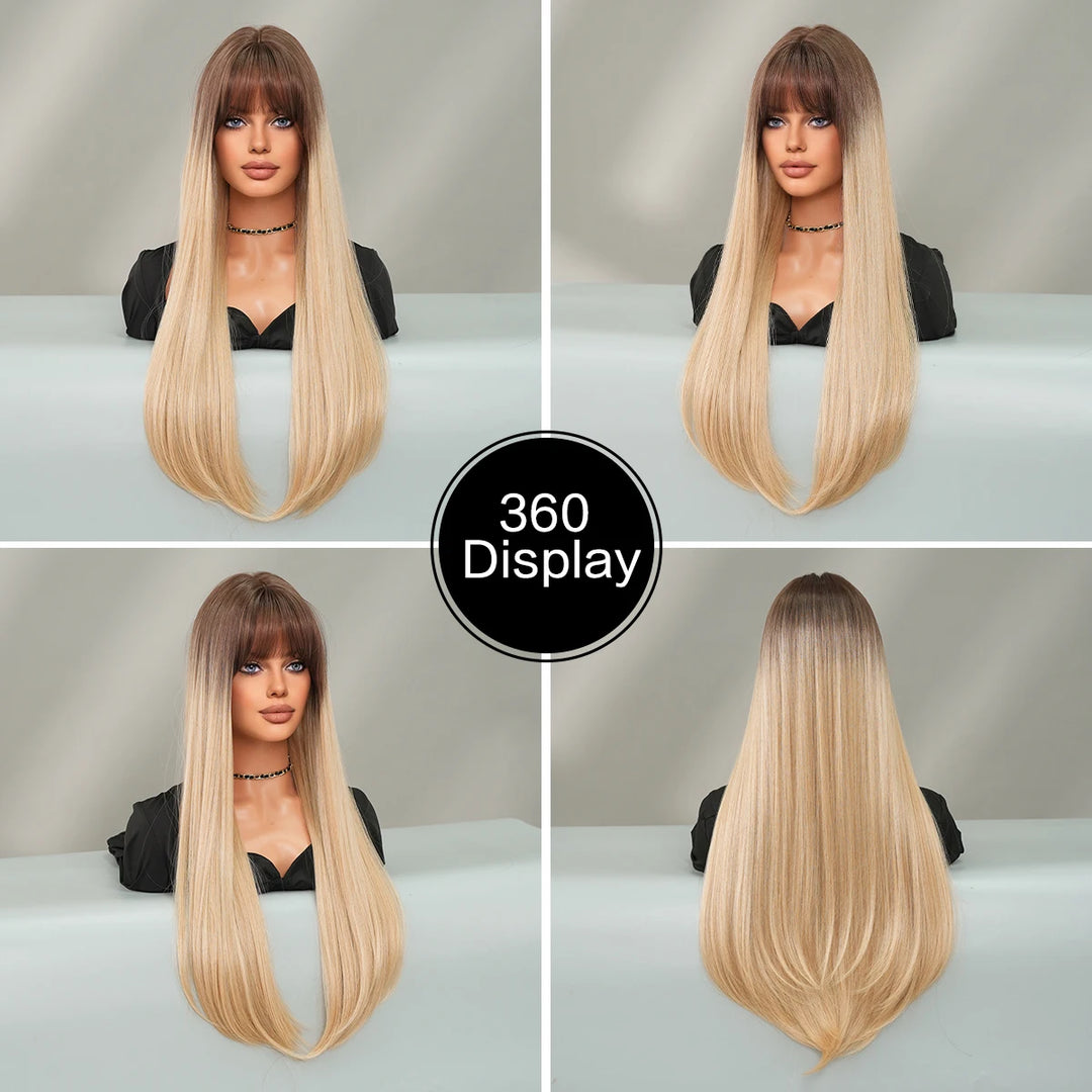 Long Straight Ombre Blonde Synthetic Hair With Bangs for Women Heat Resistant Fiber Wig Hot Selling 28 Inch.