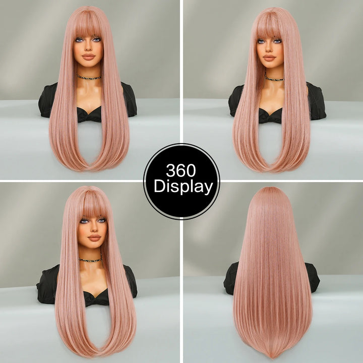 Long straight light pink high-quality synthetic hair with bangs for women. Made from heat-resistant fiber, this 28-inch wig is a hot selling item.