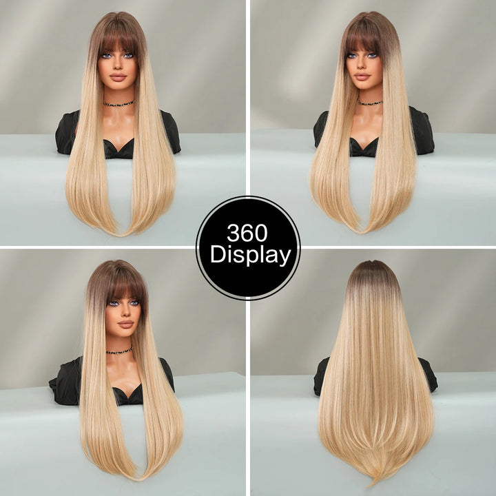 Long Straight Ombre Blonde Synthetic Hair With Bangs for Women Heat Resistant Fiber Wig Hot Selling 28 Inch.