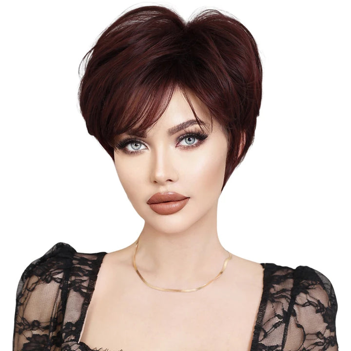 Ombre red pixie cut wig with bangs, cute and natural-looking. Short black and burgundy layered wavy style for women.