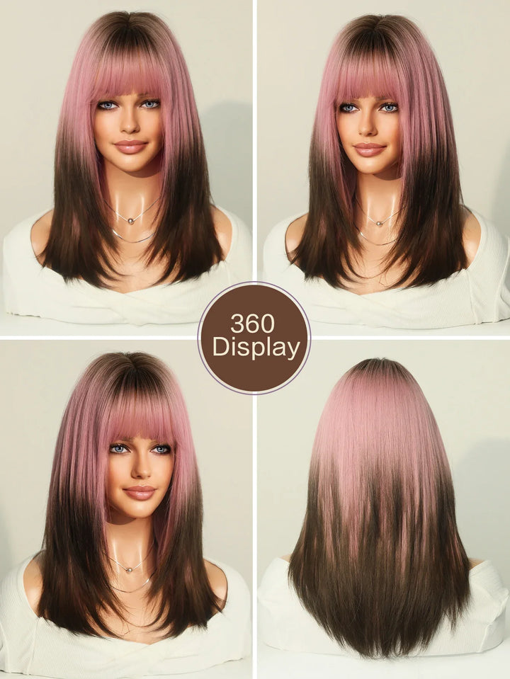 Ombre Blonde Wigs for Women Medium Length Straight Layered Synthetic Wigs With Bangs