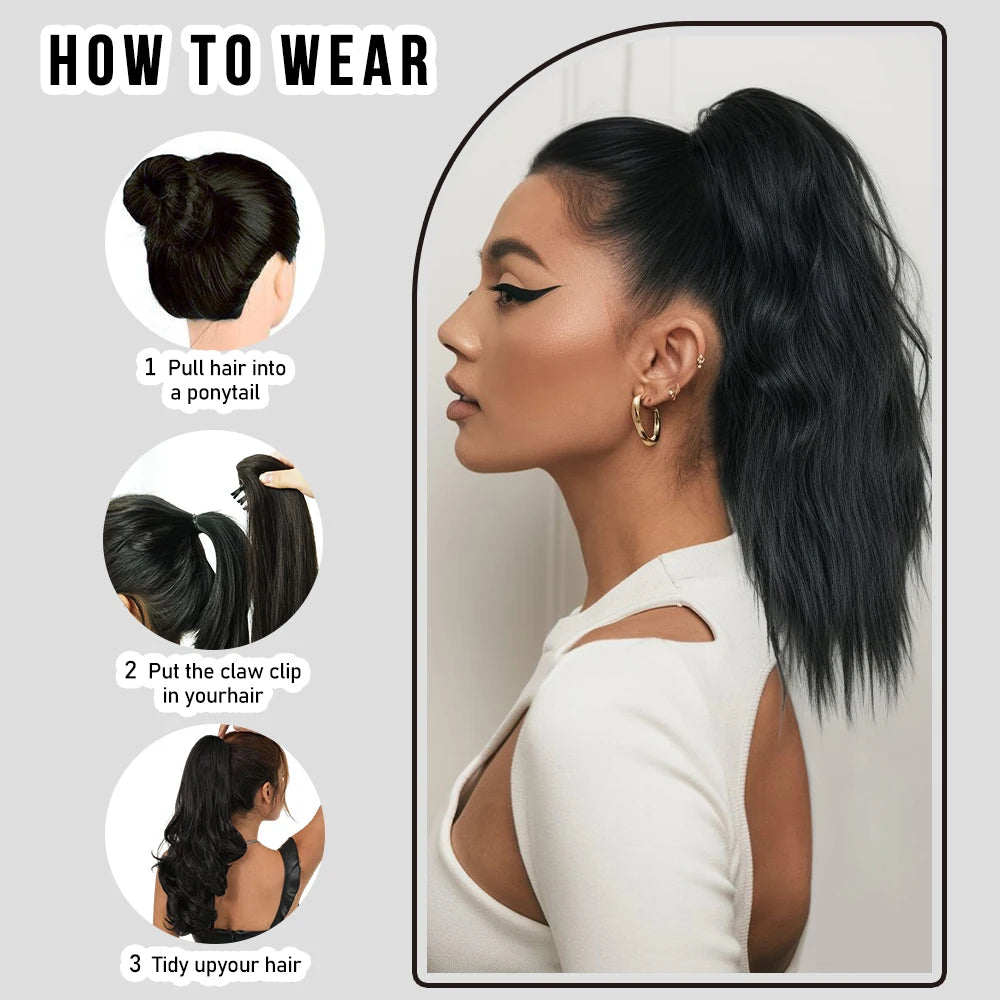 Adjustable 18-Inch Black Curly Ponytail Wig for Women with Synthetic Hair and Wig Clips