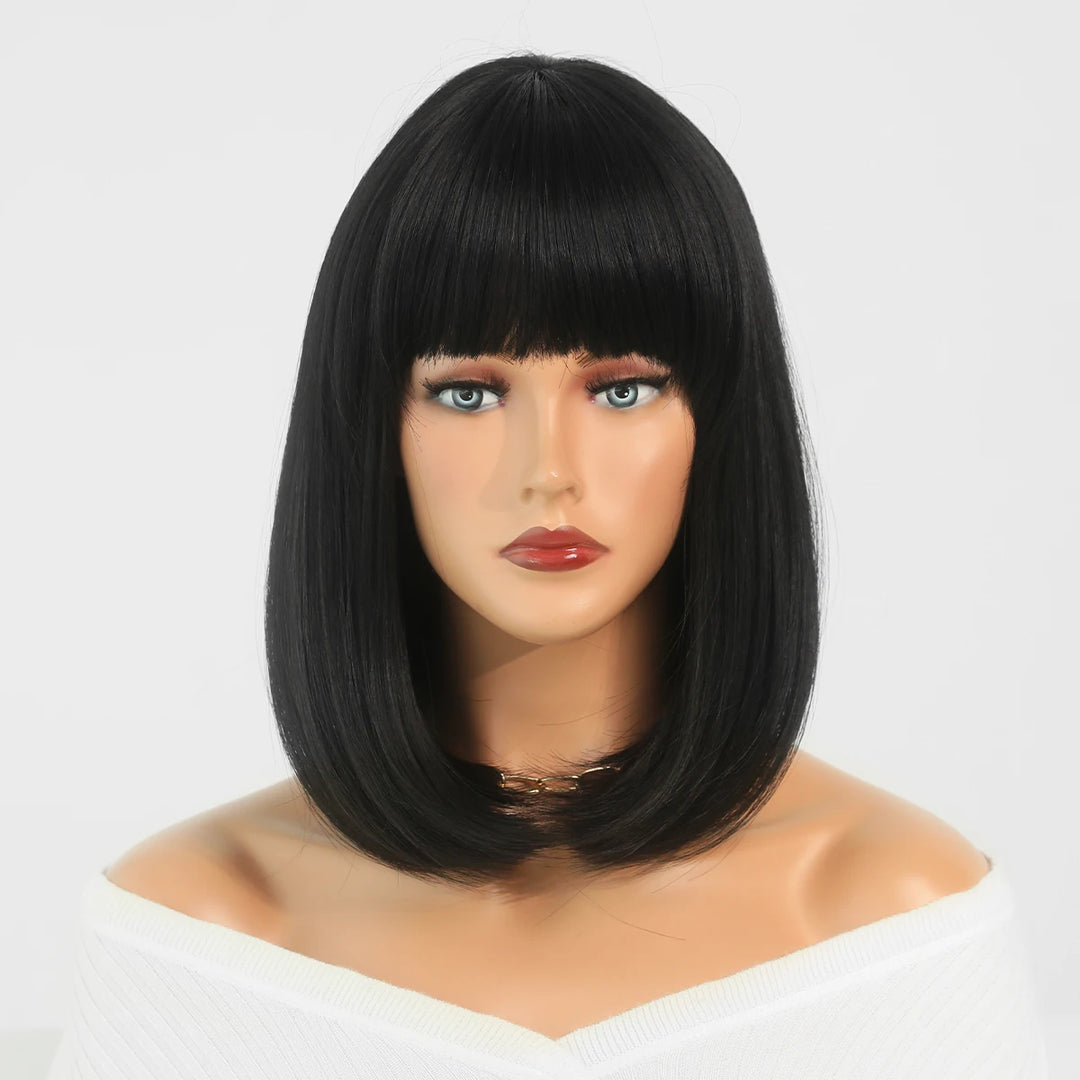 Short Black Bob Wig with Bangs for Women - Shoulder Length Synthetic Wig for Cosplay Party or Cleopatra Costume