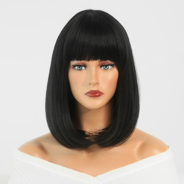 Short Black Bob Wig with Bangs for Women - Shoulder Length Synthetic Wig for Cosplay Party or Cleopatra Costume