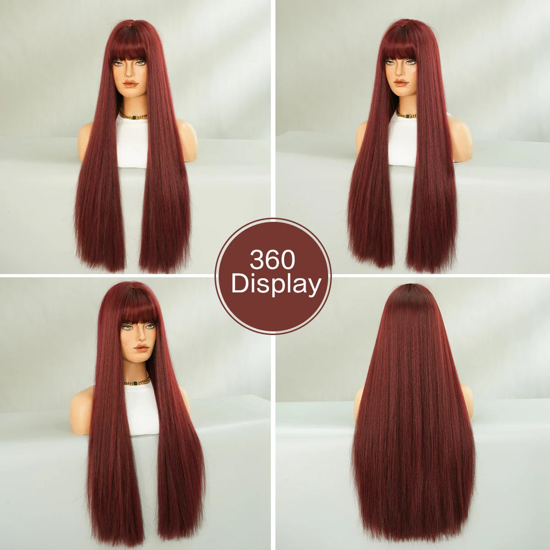 28 Inch Natural Black Wig with Bangs Extra Long Straight Wig for Women. This wig is natural-looking and comes in black-brown synthetic material.