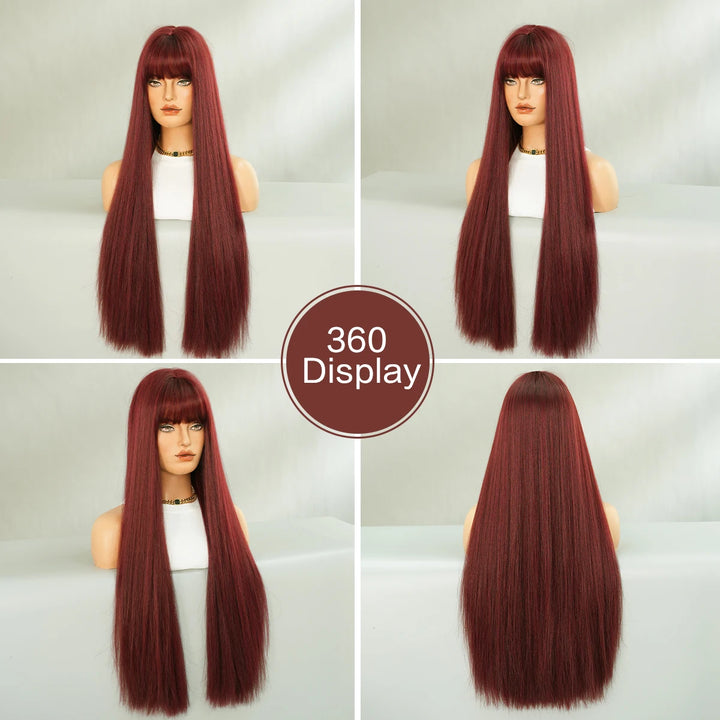 28 Inch Natural Black Wig with Bangs Extra Long Straight Wig for Women. This wig is natural-looking and comes in black-brown synthetic material.
