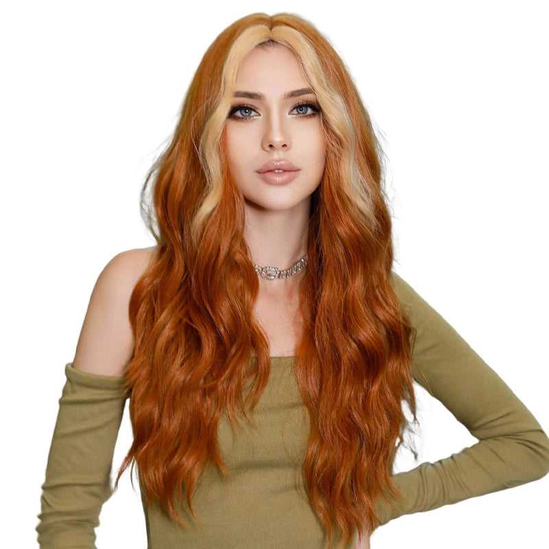 Skunk Water Wave Wig Synthetic Curly Wig for Women Long Deep Wave Wig in Light Brown With Ginger Orange Highlights.