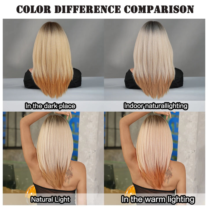 Ombre Blonde Wigs for Women Medium Length Straight Layered Synthetic Wigs With Bangs