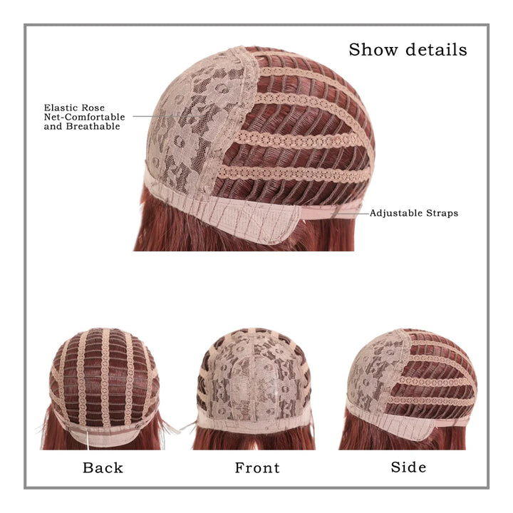 Blonde ombre layered wig with curtain bangs for women. High density heat resistant synthetic hair in dark brown.