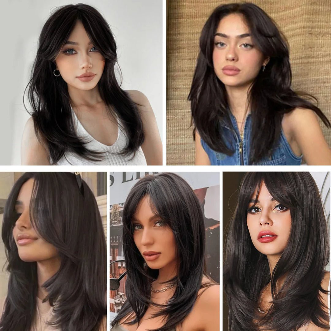 Long black wig with bangs for women. Made of heat-resistant synthetic hair. Perfect for daily wear.