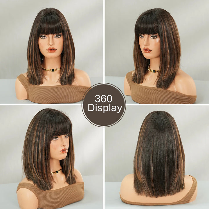 16-inch Black Brown Shoulder-Length Straight Synthetic Heat-Resistant Wig for Women with Natural Hairline Matte Hair Wig