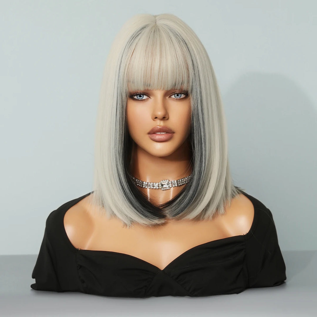 Black Bob Wigs with Bangs, Synthetic Straight Bob Wigs for Women, Heat Resistant 12 in Hair