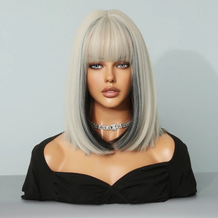 Black Bob Wigs with Bangs, Synthetic Straight Bob Wigs for Women, Heat Resistant 12 in Hair