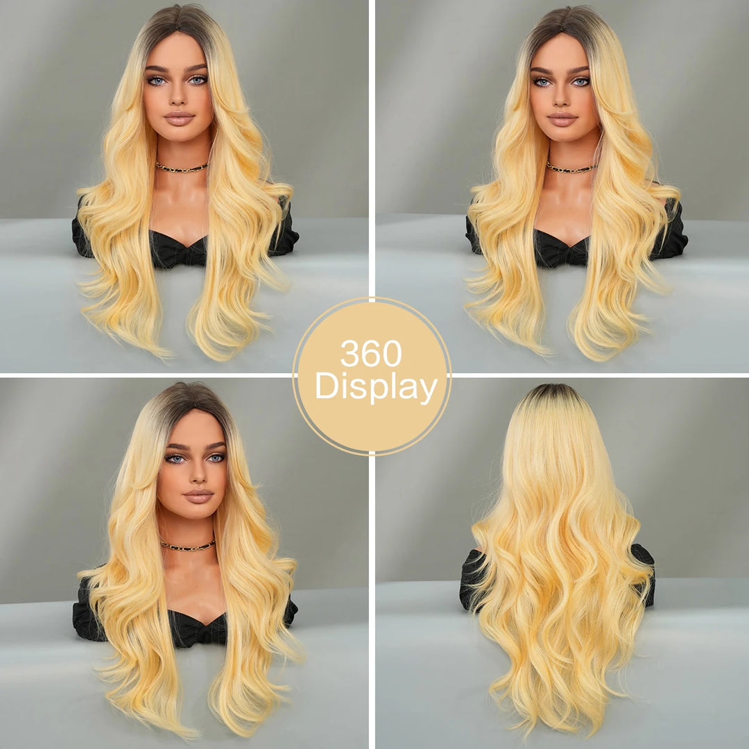 26 Inch Ombre Blond Curly Hair Wig for Women - Synthetic Matte Finish, Middle Parted.