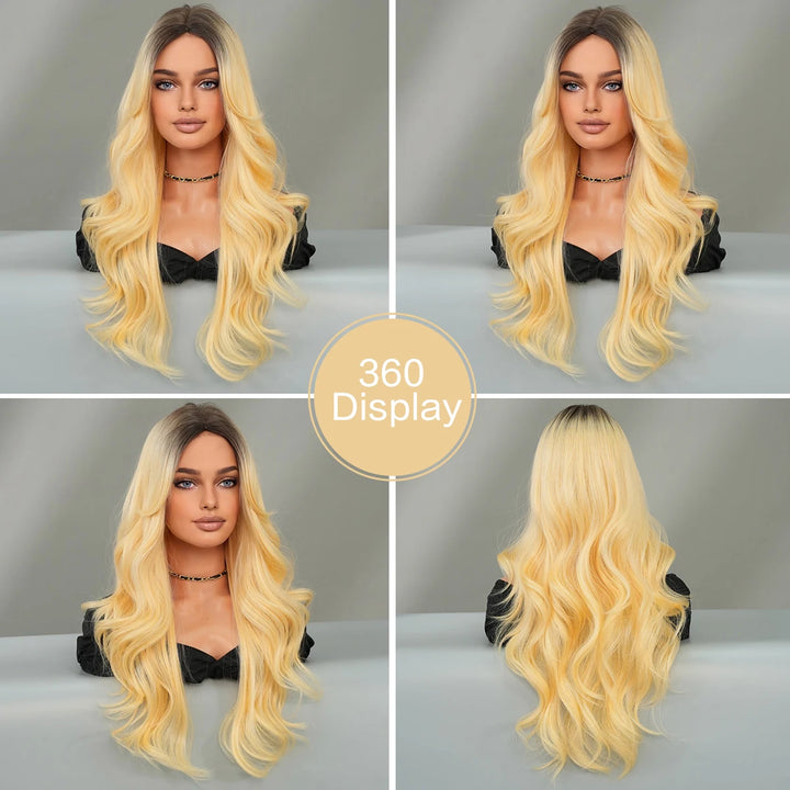 26 Inch Ombre Blond Curly Hair Wig for Women - Synthetic Matte Finish, Middle Parted.