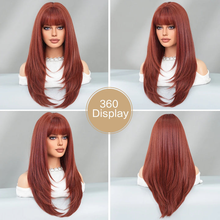 Light pink long wavy wig with bangs, 26 inches, made of synthetic heat-resistant hair. Perfect for daily use.