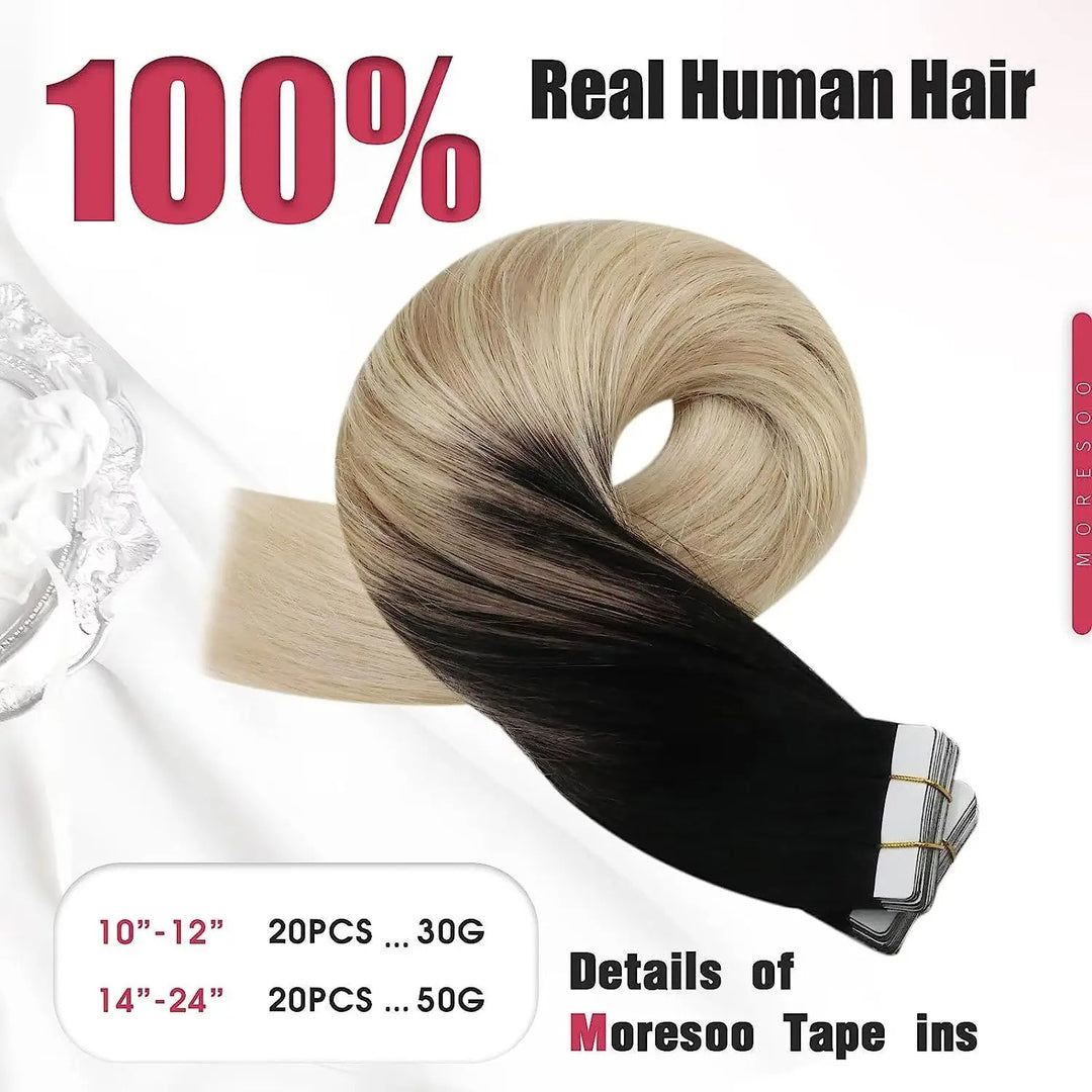 Tape-In Human Hair Extensions – Remy Hair, Straight, Natural Soft Skin Weft, Seamless & Reusable Tape-In Hair