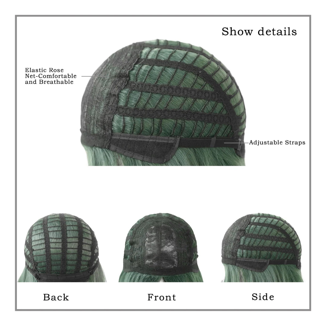 Green Highlight Layered Wig with Curtain Bangs, Synthetic Heat Resistant Hair Wig for Women.