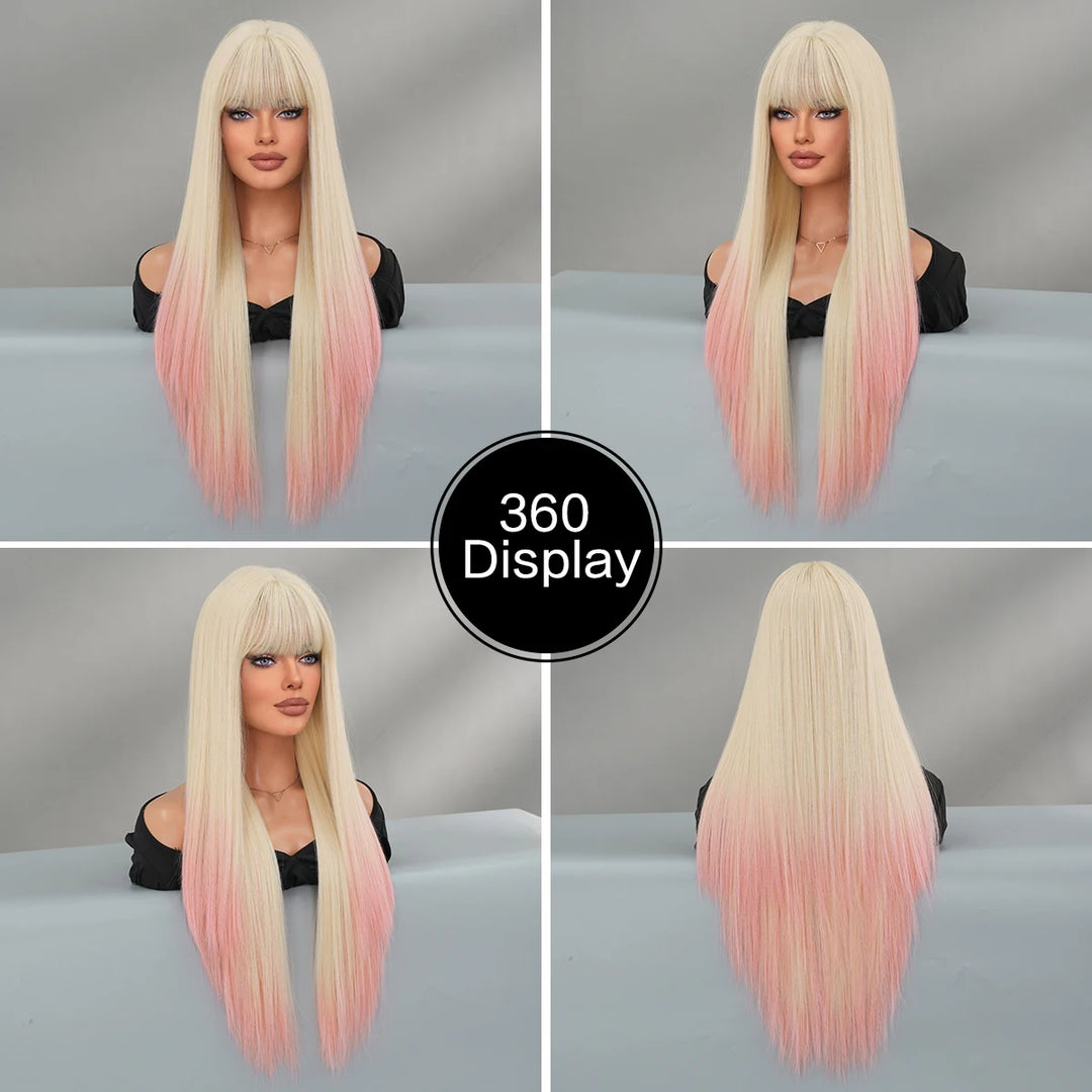 Blonde Pink Long Straight Synthetic Wig with Bangs for Women. Perfect for Cosplay, Halloween, and Parties. Ombre Hair Wig.