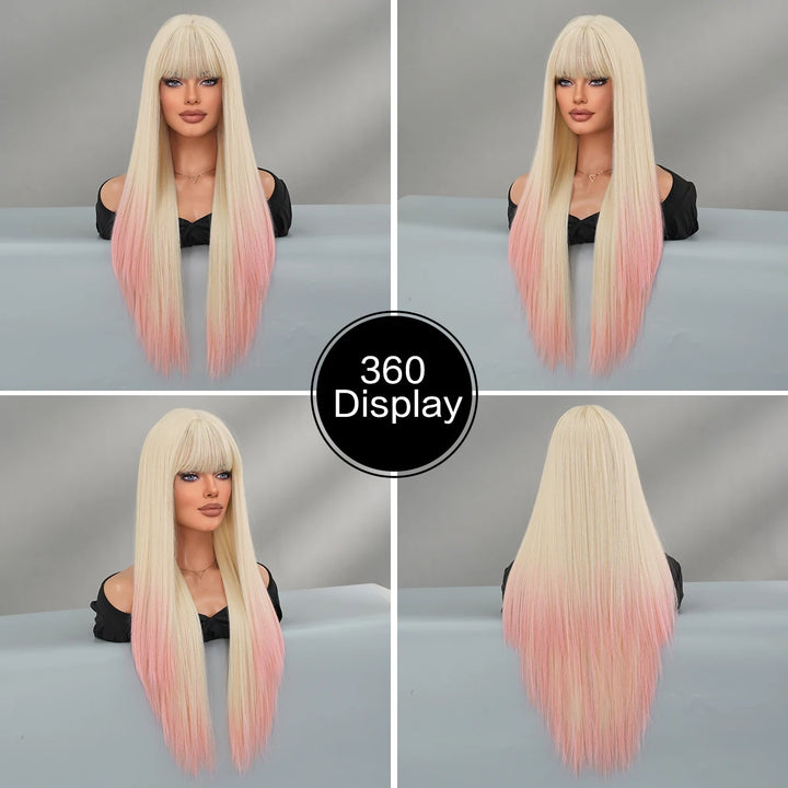 Blonde Pink Long Straight Synthetic Wig with Bangs for Women. Perfect for Cosplay, Halloween, and Parties. Ombre Hair Wig.