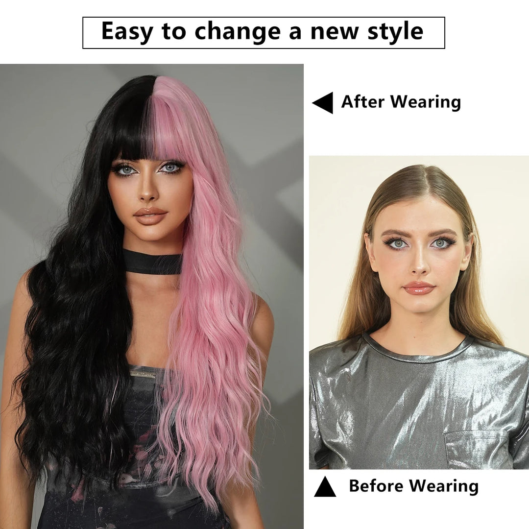 Black Pink Synthetic Hair Skunk Stripe Long Wavy Wigs Heat Resistant Fiber Wholesale Natural Matt Wigs 30 Inch
