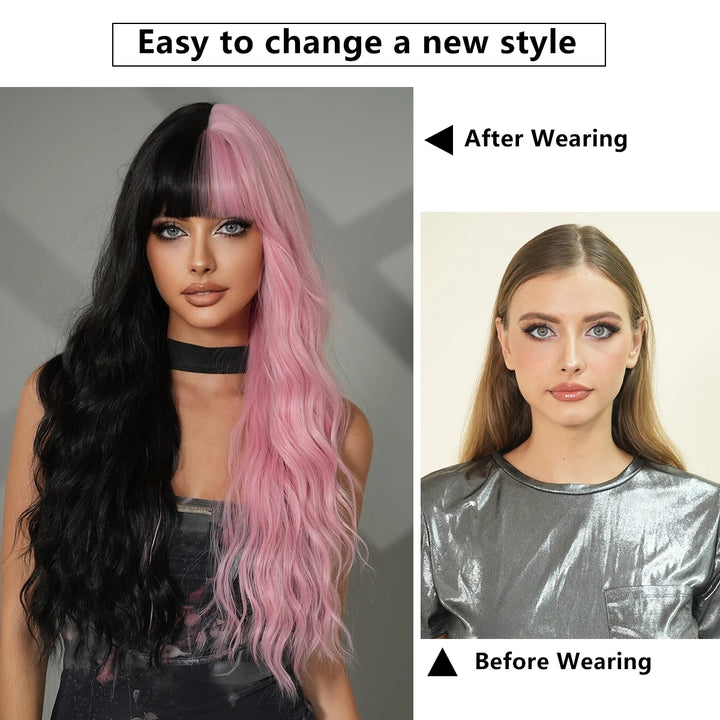 Black Pink Synthetic Hair Skunk Stripe Long Wavy Wigs Heat Resistant Fiber Wholesale Natural Matt Wigs 30 Inch