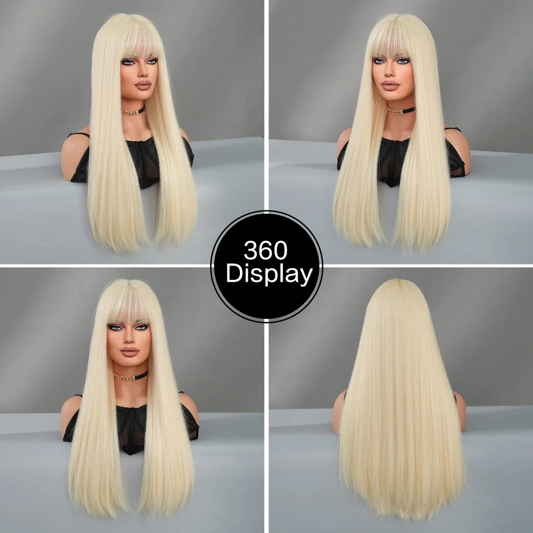 Blonde Pink Long Straight Synthetic Wig with Bangs for Women. Perfect for Cosplay, Halloween, and Parties. Ombre Hair Wig.