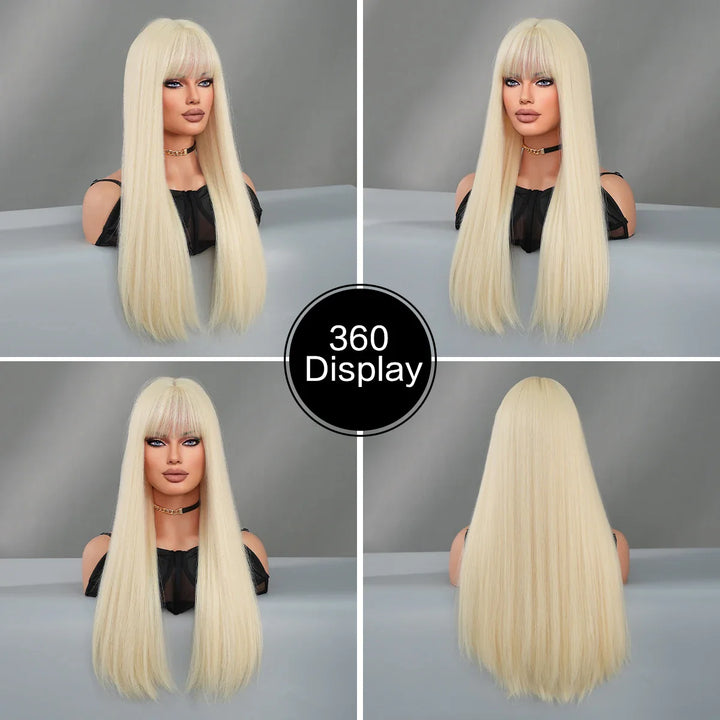 Blonde Pink Long Straight Synthetic Wig with Bangs for Women. Perfect for Cosplay, Halloween, and Parties. Ombre Hair Wig.