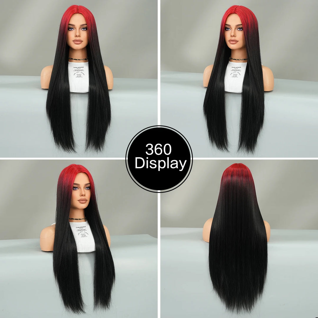 32" Ombre Red Synthetic Hair Wig with Bangs and Middle Part, Billie Eilish Style