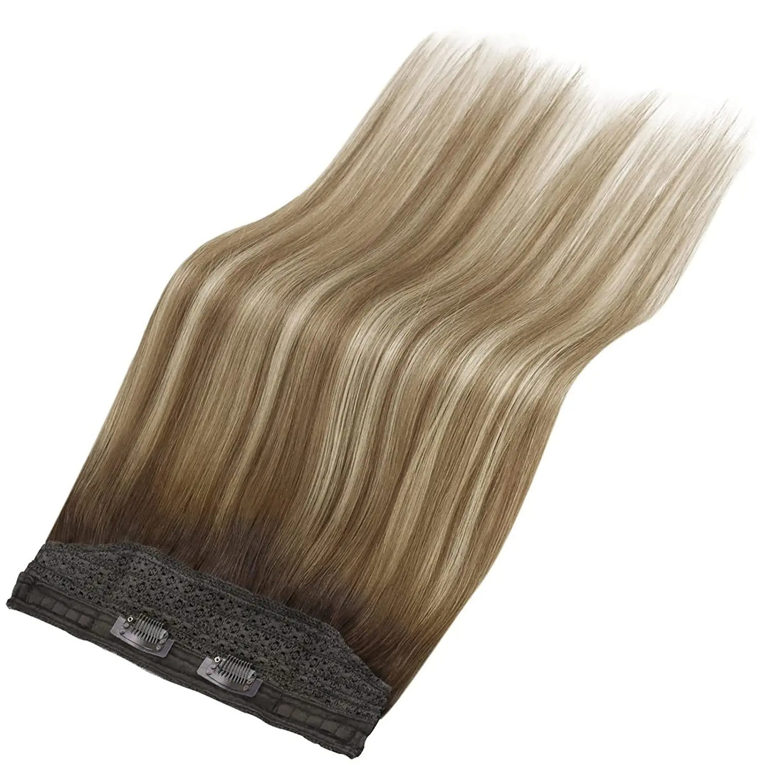 Invisible Fish Line Human Hair Extension – Natural One-Piece Wire Hair Weft with 2 Clips | Machine-Made Blonde Hair
