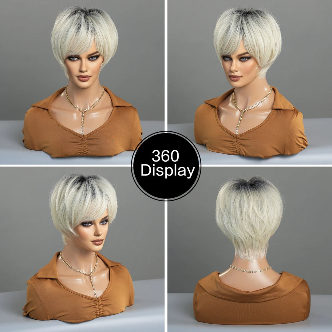 10 Inch Short Pixie Cut Hair Wigs for Women in Platinum Blonde. Layered Synthetic Ombre White Hair Wig for White Women.